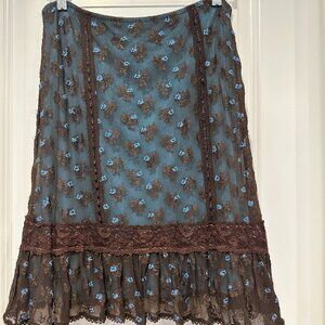 NYM Brown Sheer Mesh Turquoise Ruffle Floral Skirt